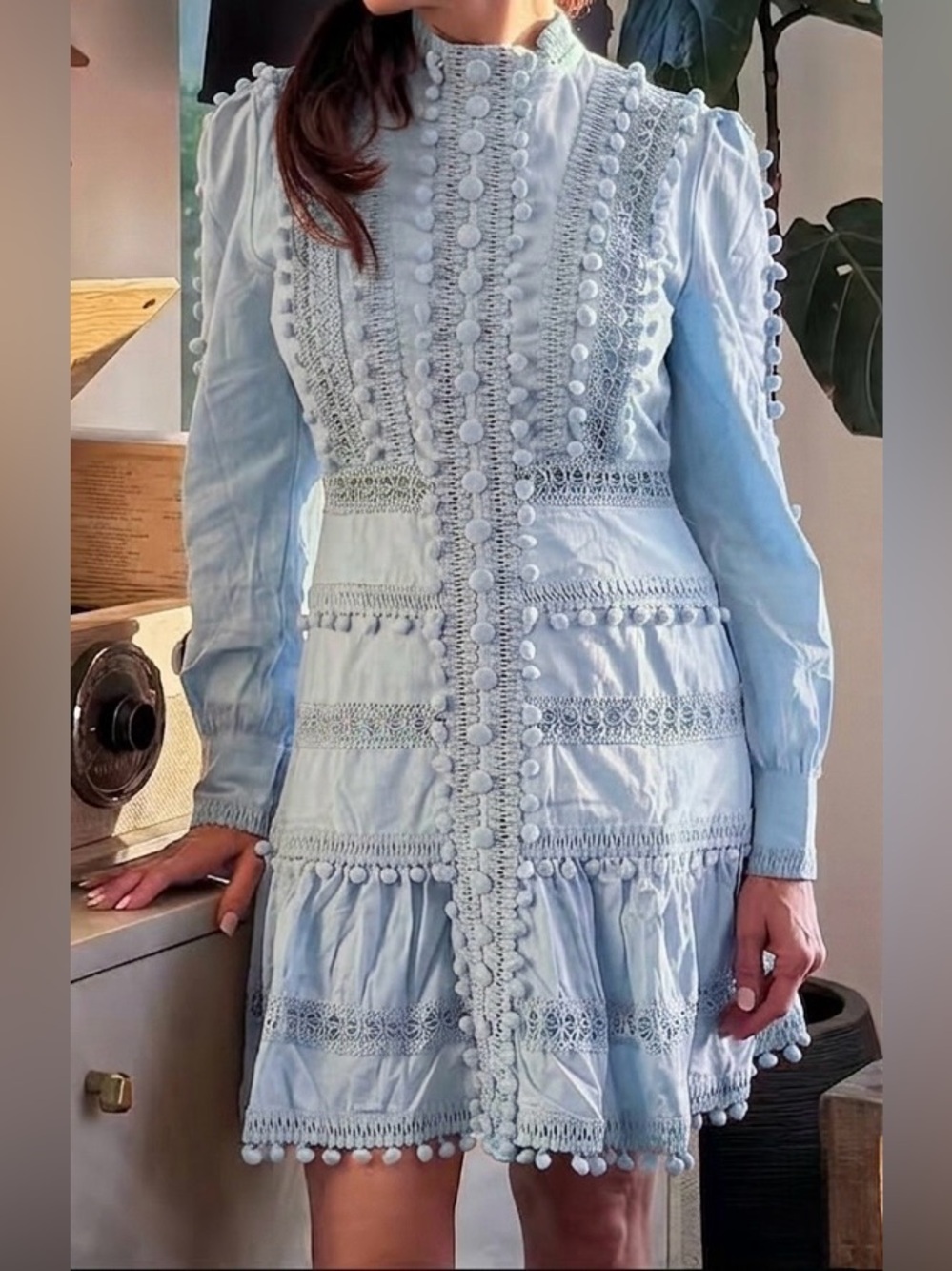 Layered with Love Pom-Pom Trim Crochet Lace Insets Long Blouson Sleeves Dress